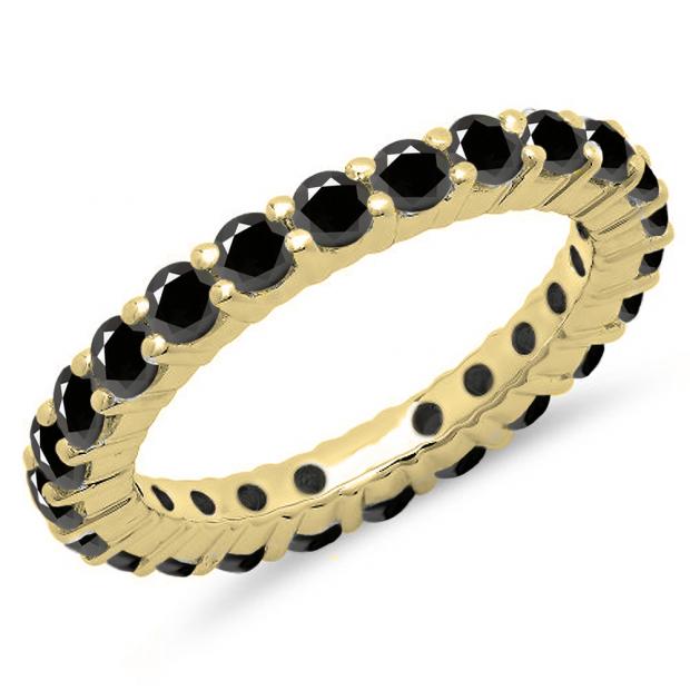 1.00 Carat (ctw) 10K Yellow Gold Round Black Diamond Ladies Eternity Wedding Anniversary Stackable Ring Band