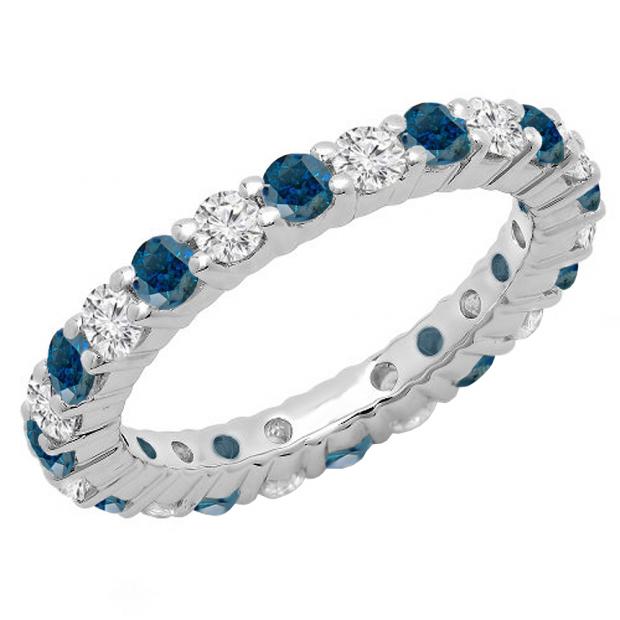 1.00 Carat (ctw) 14K White Gold Round Blue & White Diamond Ladies Eternity Wedding Anniversary Stackable Ring Band
