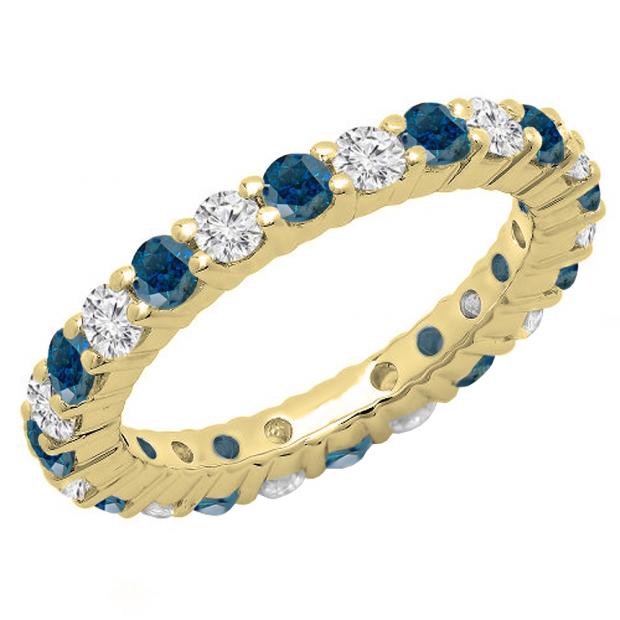 1.00 Carat (ctw) 14K Yellow Gold Round Blue & White Diamond Ladies Eternity Wedding Anniversary Stackable Ring Band