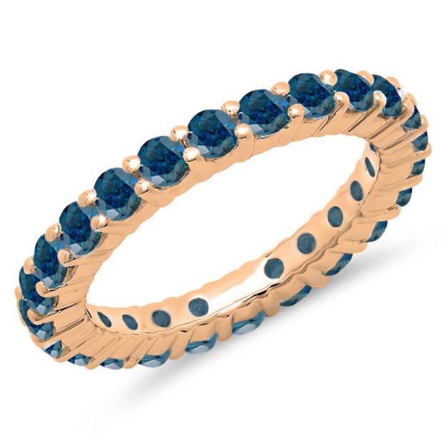 1.00 Carat (ctw) 18K Rose Gold Round Blue Diamond Ladies Eternity Wedding Anniversary Stackable Ring Band