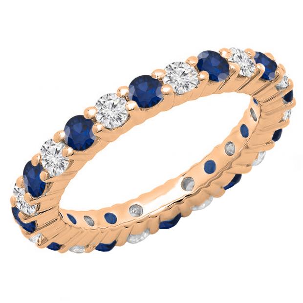 1.00 Carat (ctw) 10K Rose Gold Round Blue Sapphire & White Diamond Ladies Eternity Wedding Anniversary Stackable Ring Band