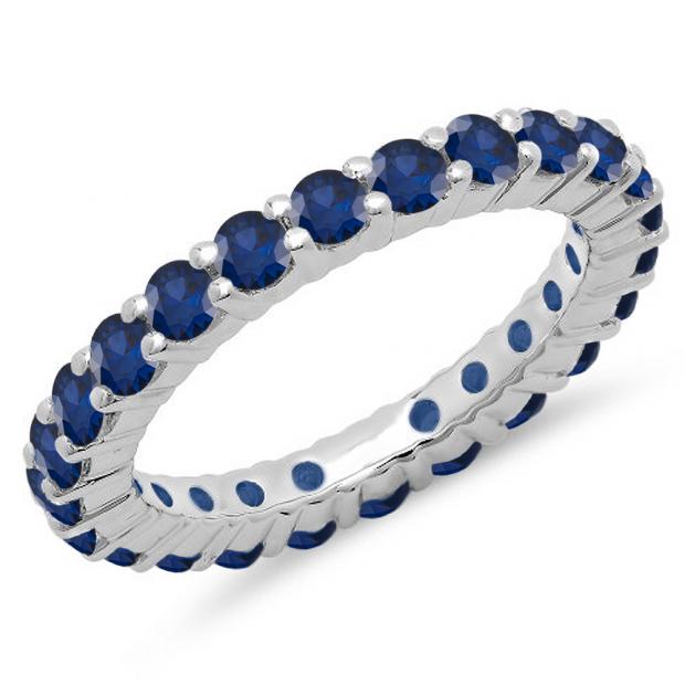 1.00 Carat (ctw) 14K White Gold Round Blue Sapphire Ladies Eternity Wedding Anniversary Stackable Ring Band