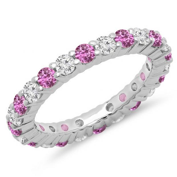 1.00 Carat (ctw) 10K White Gold Round Pink Sapphire & White Diamond Ladies Eternity Wedding Anniversary Stackable Ring Band