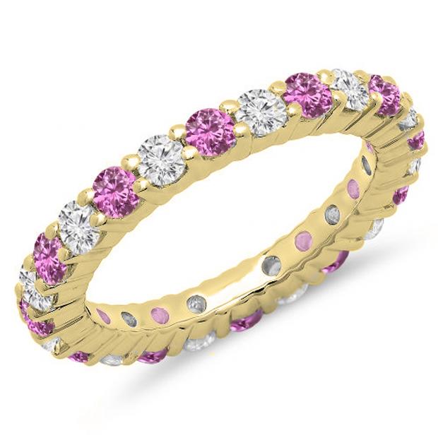 1.00 Carat (ctw) 10K Yellow Gold Round Pink Sapphire & White Diamond Ladies Eternity Wedding Anniversary Stackable Ring Band