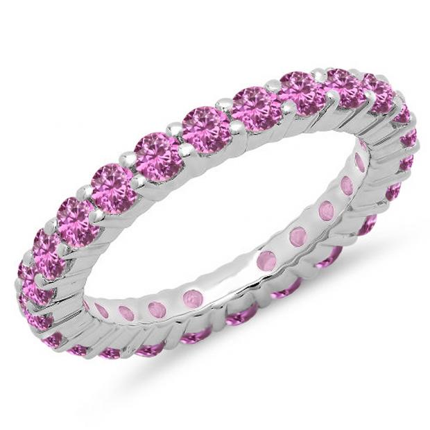 1.00 Carat (ctw) 14K White Gold Round Pink Sapphire Ladies Eternity Wedding Anniversary Stackable Ring Band