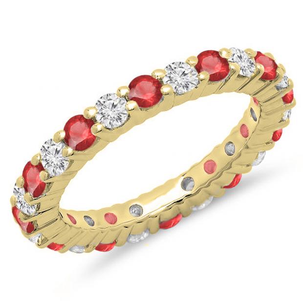 1.00 Carat (ctw) 14K Yellow Gold Round Ruby & White Diamond Ladies Eternity Wedding Anniversary Stackable Ring Band
