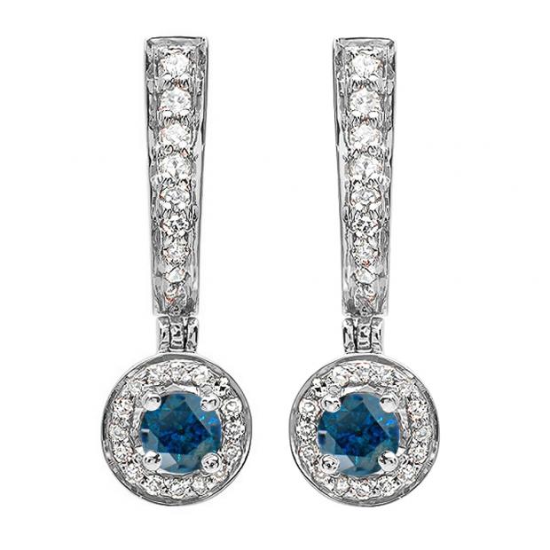 0.50 Carat (ctw) 18k White Gold Round Blue & White Diamond Ladies Fine Dangling Drop Earrings 1/2 CT