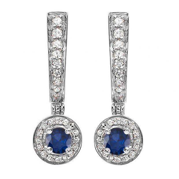 0.50 Carat (ctw) 10k White Gold Round Blue Sapphire & White Diamond Ladies Fine Dangling Drop Earrings 1/2 CT