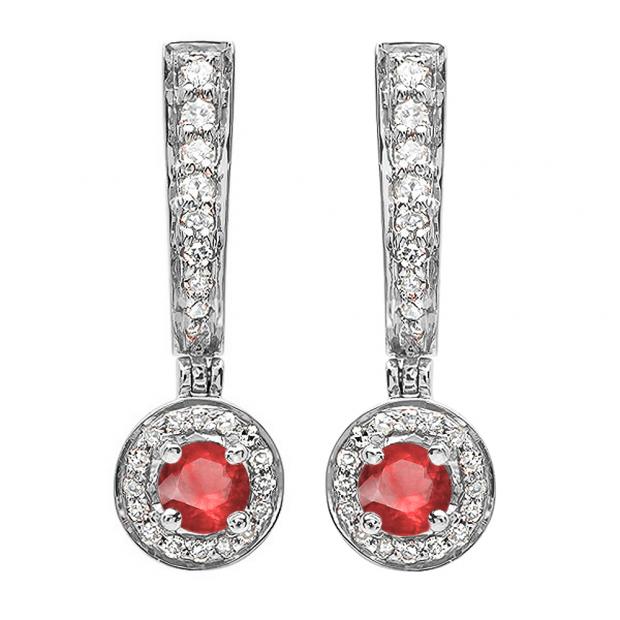 0.50 Carat (ctw) 18k White Gold Round Ruby & White Diamond Ladies Fine Dangling Drop Earrings 1/2 CT