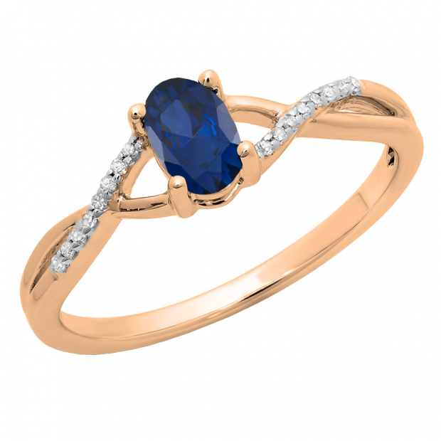 0.50 Carat (ctw) 14K Rose Gold Oval Cut Blue Sapphire & Round Cut White Diamond Ladies Bridal Swirl Split Shank Engagement Promise Ring 1/2 CT
