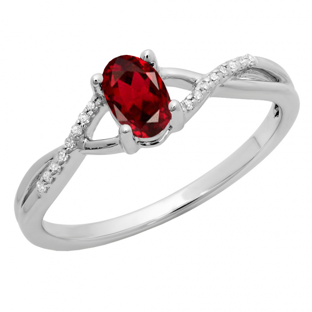 0.50 Carat (ctw) 18K White Gold Oval Cut Garnet & Round Cut White Diamond Ladies Bridal Swirl Split Shank Engagement Promise Ring 1/2 CT