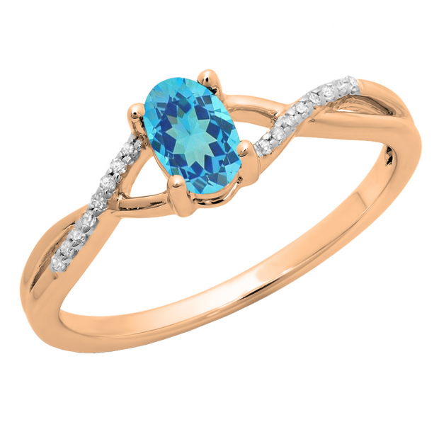 0.50 Carat (ctw) 10K Rose Gold Oval Cut Blue Topaz & Round Cut White Diamond Ladies Bridal Swirl Split Shank Engagement Promise Ring 1/2 CT