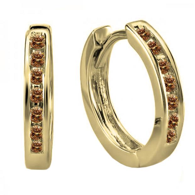 0.20 Carat (ctw) 10K Yellow Gold Small Round Champagne Diamond Huggie Hoop Earrings 11 mm diameter