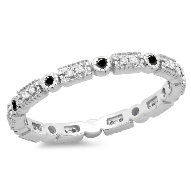 0.25 Carat (ctw) 18K White Gold Round Black And White Diamond Ladies Vintage Style Anniversary Wedding Eternity Band Stackable Ring 1/4 CT