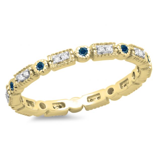0.25 Carat (ctw) 10K Yellow Gold Round Blue And White Diamond Ladies Vintage Style Anniversary Wedding Eternity Band Stackable Ring 1/4 CT