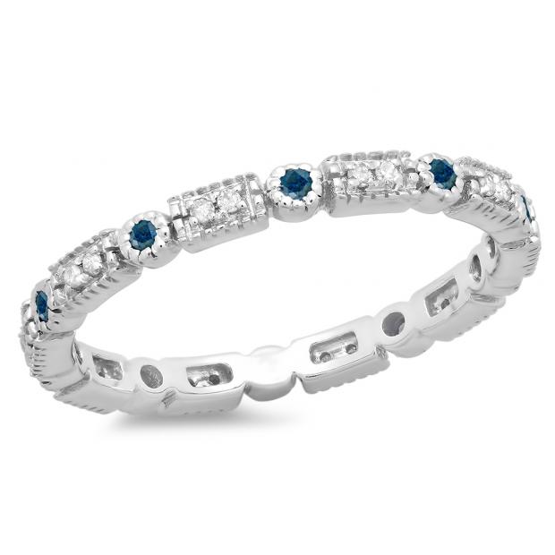 0.25 Carat (ctw) 14K White Gold Round Blue And White Diamond Ladies Vintage Style Anniversary Wedding Eternity Band Stackable Ring 1/4 CT
