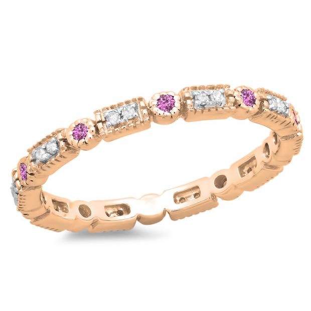 0.25 Carat (ctw) 14K Rose Gold Round Pink Sapphire And White Diamond Ladies Vintage Style Anniversary Wedding Eternity Band Stackable Ring 1/4 CT