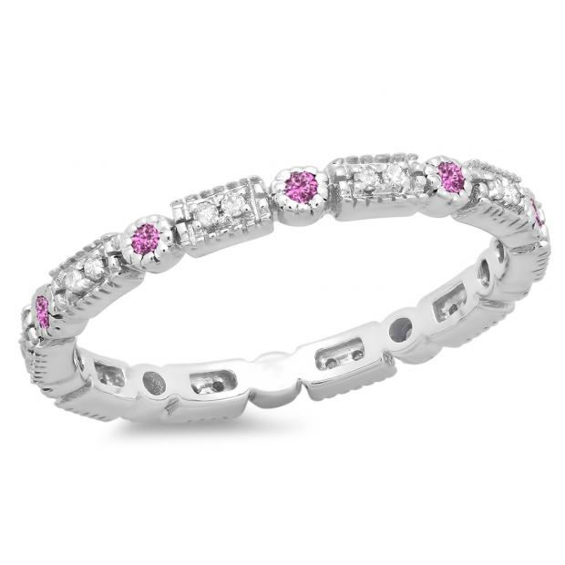 0.25 Carat (ctw) 14K White Gold Round Pink Sapphire And White Diamond Ladies Vintage Style Anniversary Wedding Eternity Band Stackable Ring 1/4 CT