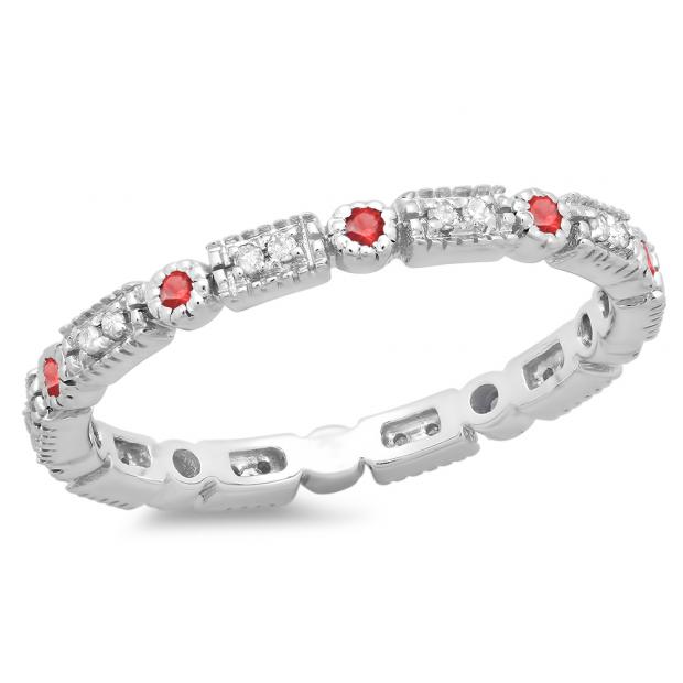 0.25 Carat (ctw) 10K White Gold Round Ruby And White Diamond Ladies Vintage Style Anniversary Wedding Eternity Band Stackable Ring 1/4 CT