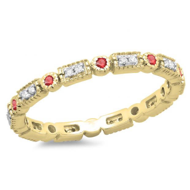 0.25 Carat (ctw) 18K Yellow Gold Round Ruby And White Diamond Ladies Vintage Style Anniversary Wedding Eternity Band Stackable Ring 1/4 CT