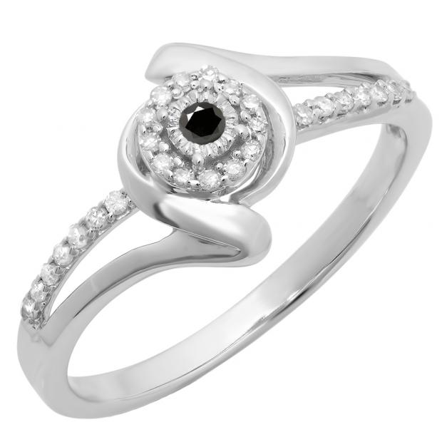 0.15 Carat (ctw) 10K White Gold Round Black & White Diamond Ladies Twisted Split Shank Promise Engagement Ring
