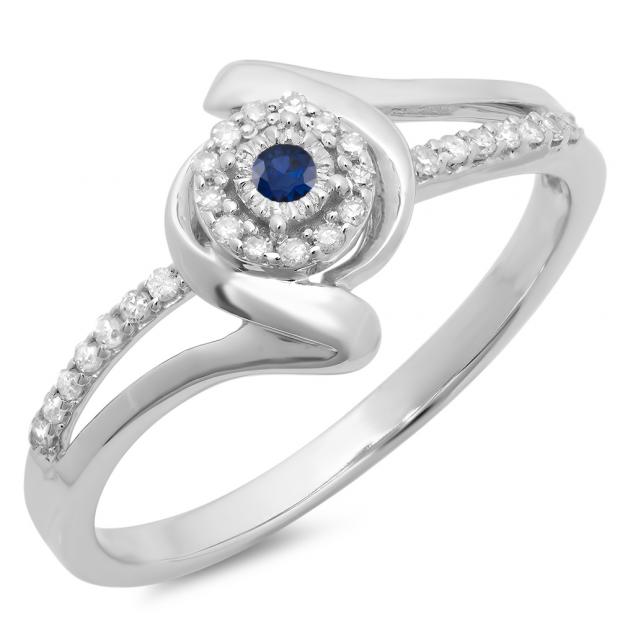 0.15 Carat (ctw) 10K White Gold Round Blue Sapphire & White Diamond Ladies Twisted Split Shank Promise Engagement Ring
