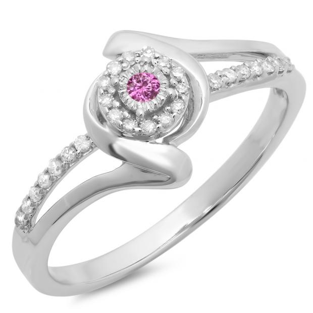 0.15 Carat (ctw) 18K White Gold Round Pink Sapphire & White Diamond Ladies Twisted Split Shank Promise Engagement Ring