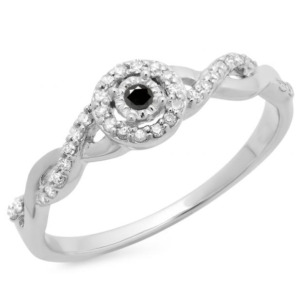 0.20 Carat (ctw) 10K White Gold Round Black & White Diamond Ladies Bridal Halo Style Swirl Split Shank Promise Ring 1/5 CT