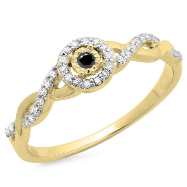 0.20 Carat (ctw) 18K Yellow Gold Round Black & White Diamond Ladies Bridal Halo Style Swirl Split Shank Promise Ring 1/5 CT
