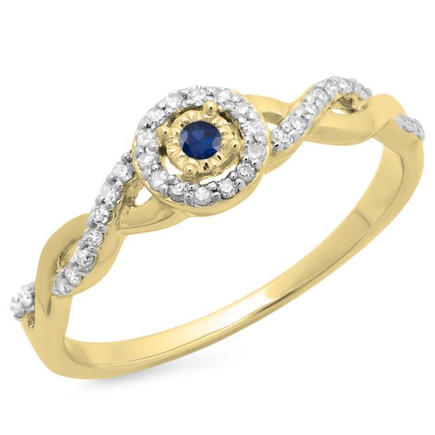0.20 Carat (ctw) 10K Yellow Gold Round Blue Sapphire & White Diamond Ladies Bridal Halo Style Swirl Split Shank Promise Ring 1/5 CT