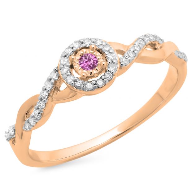 0.20 Carat (ctw) 10K Rose Gold Round Pink Sapphire & White Diamond Ladies Bridal Halo Style Swirl Split Shank Promise Ring 1/5 CT