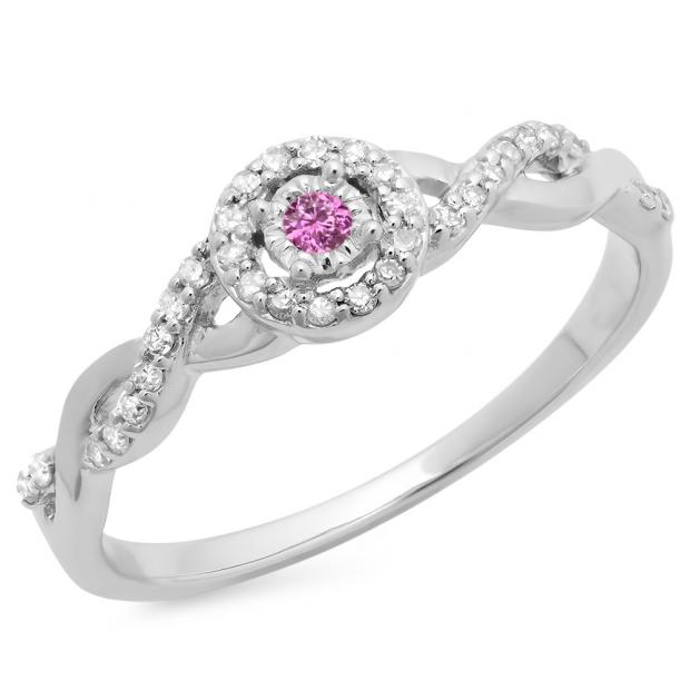 0.20 Carat (ctw) 10K White Gold Round Pink Sapphire & White Diamond Ladies Bridal Halo Style Swirl Split Shank Promise Ring 1/5 CT