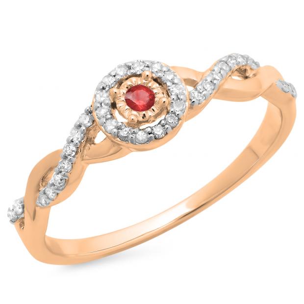 0.20 Carat (ctw) 10K Rose Gold Round Ruby & White Diamond Ladies Bridal Halo Style Swirl Split Shank Promise Ring 1/5 CT