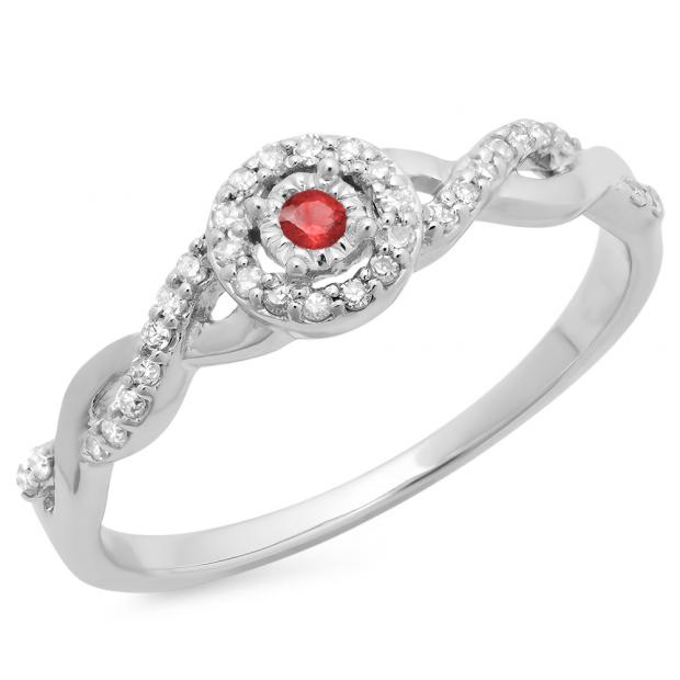 0.20 Carat (ctw) 10K White Gold Round Ruby & White Diamond Ladies Bridal Halo Style Swirl Split Shank Promise Ring 1/5 CT