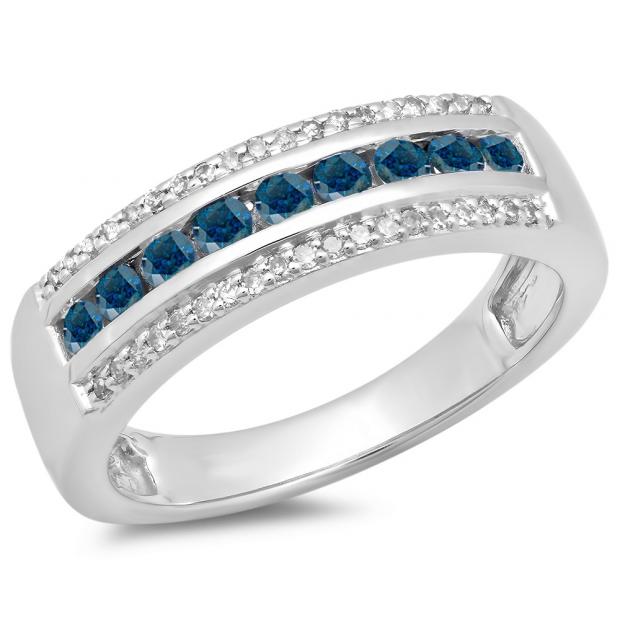 0.50 Carat (ctw) 10K White Gold Round Blue & White Diamond Ladies Anniversary Wedding Band 1/2 CT