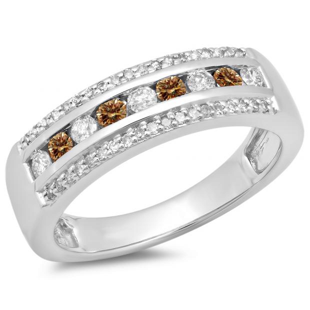 0.50 Carat (ctw) 14K White Gold Round Champagne & White Diamond Ladies Anniversary Wedding Band 1/2 CT