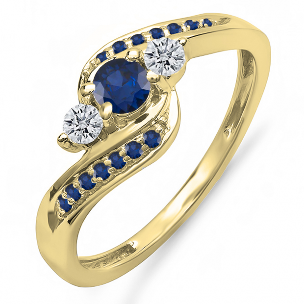 0.75 Carat (ctw) 18K Yellow Gold Round Blue Sapphire And White Diamond Ladies Swirl Engagement 3 Stone Bridal Ring 3/4 CT