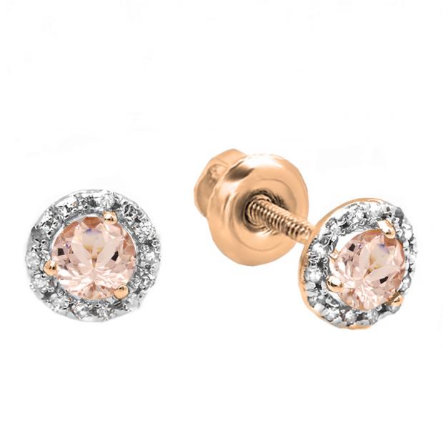 0.65 Carat (ctw) 10K Rose Gold Round Morganite & White Diamond Ladies Halo Style Stud Earrings