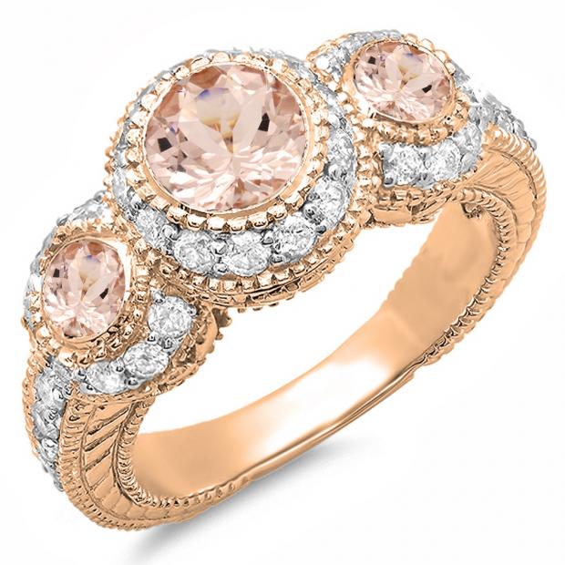 2.00 Carat (ctw) 10K Rose Gold Round Morganite And White Diamond Ladies Vintage Bridal Engagement 3 Stone Ring 2 CT