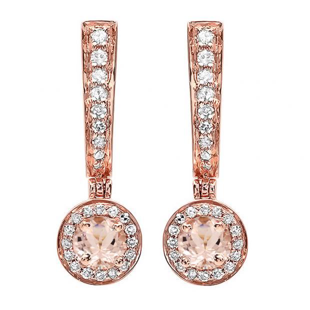 0.50 Carat (ctw) 14K Rose Gold Round Morganite & White Diamond Ladies Fine Dangling Drop Earrings 1/2 CT