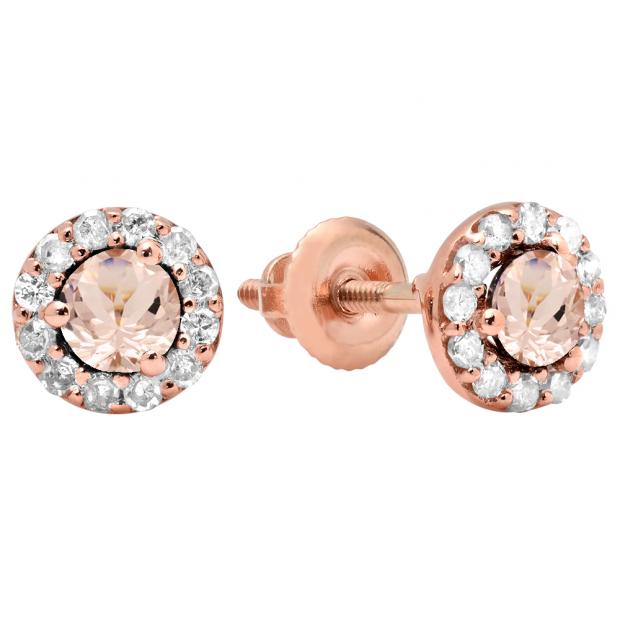 0.60 Carat (ctw) 10K Rose Gold Real Round Cut Morganite & White Diamond Ladies Cluster Halo Style Stud Earrings