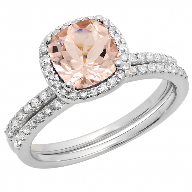 1.60 Carat (ctw) 10K White Gold Cushion Cut Morganite & Round Cut White Diamond Ladies Bridal Halo Engagement Ring With Matching Band Set