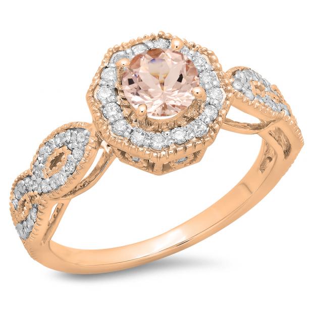 1.15 Carat (ctw) 14K Rose Gold Round Cut Morganite & White Diamond Ladies Bridal Vintage Style Halo Engagement Ring