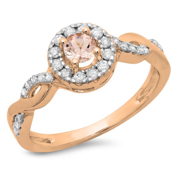 0.55 Carat (ctw) 18K Rose Gold Round Cut Morganite & White Diamond Ladies Swirl Bridal Halo Engagement Ring 1/2 CT