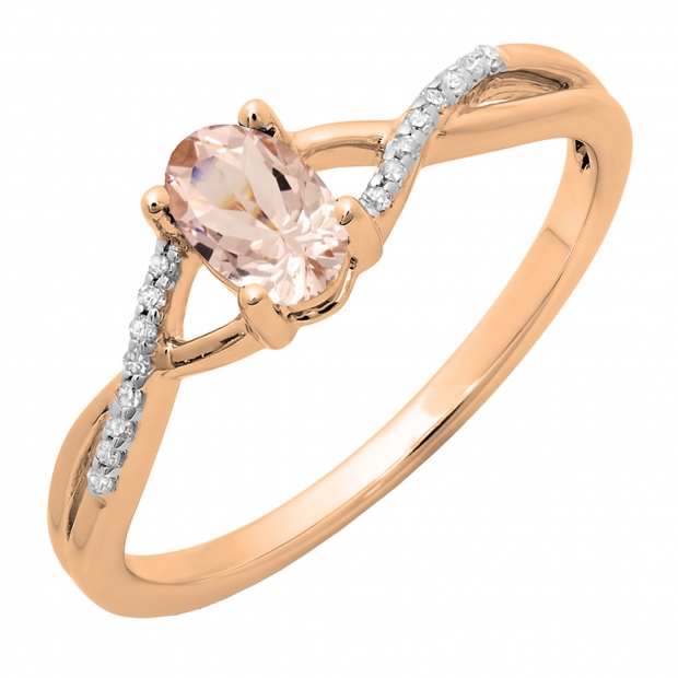 0.50 Carat (ctw) 14K Rose Gold Oval Cut morganite & Round Cut White Diamond Ladies Bridal Swirl Split Shank Engagement Promise Ring 1/2 CT