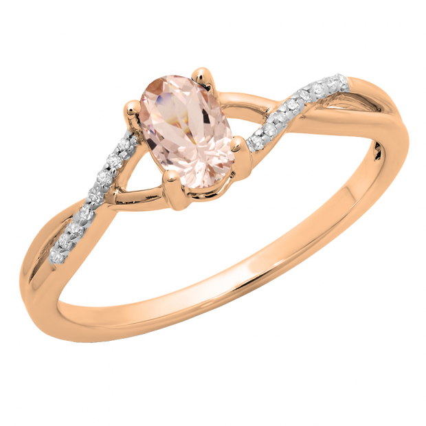 0.50 Carat (ctw) 18K Rose Gold Oval Cut morganite & Round Cut White Diamond Ladies Bridal Swirl Split Shank Engagement Promise Ring 1/2 CT