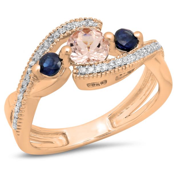1.00 Carat (ctw) 10K Rose Gold Round Morganite Blue Sapphire & White Diamond Ladies Swirl Split Shank Bypass Engagement 3 Stone Bridal Ring 1 CT