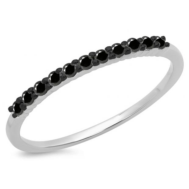0.20 Carat (ctw) 10K White Gold Round Cut Black Diamond Ladies Stackable Anniversary Wedding Band 1/5 CT