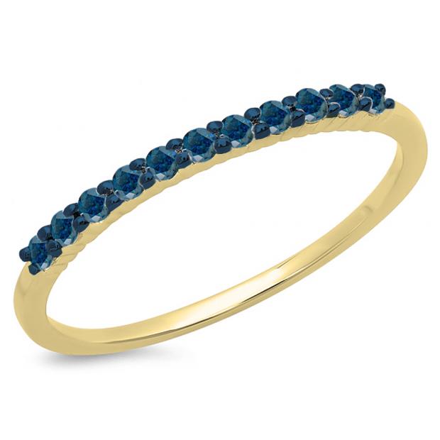 0.20 Carat (ctw) 10K Yellow Gold Round Cut Blue Diamond Ladies Stackable Anniversary Wedding Band 1/5 CT