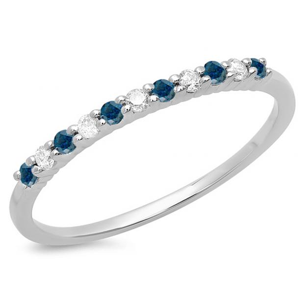 0.20 Carat (ctw) 10K White Gold Round Cut Blue & White Diamond Ladies Stackable Anniversary Wedding Band 1/5 CT